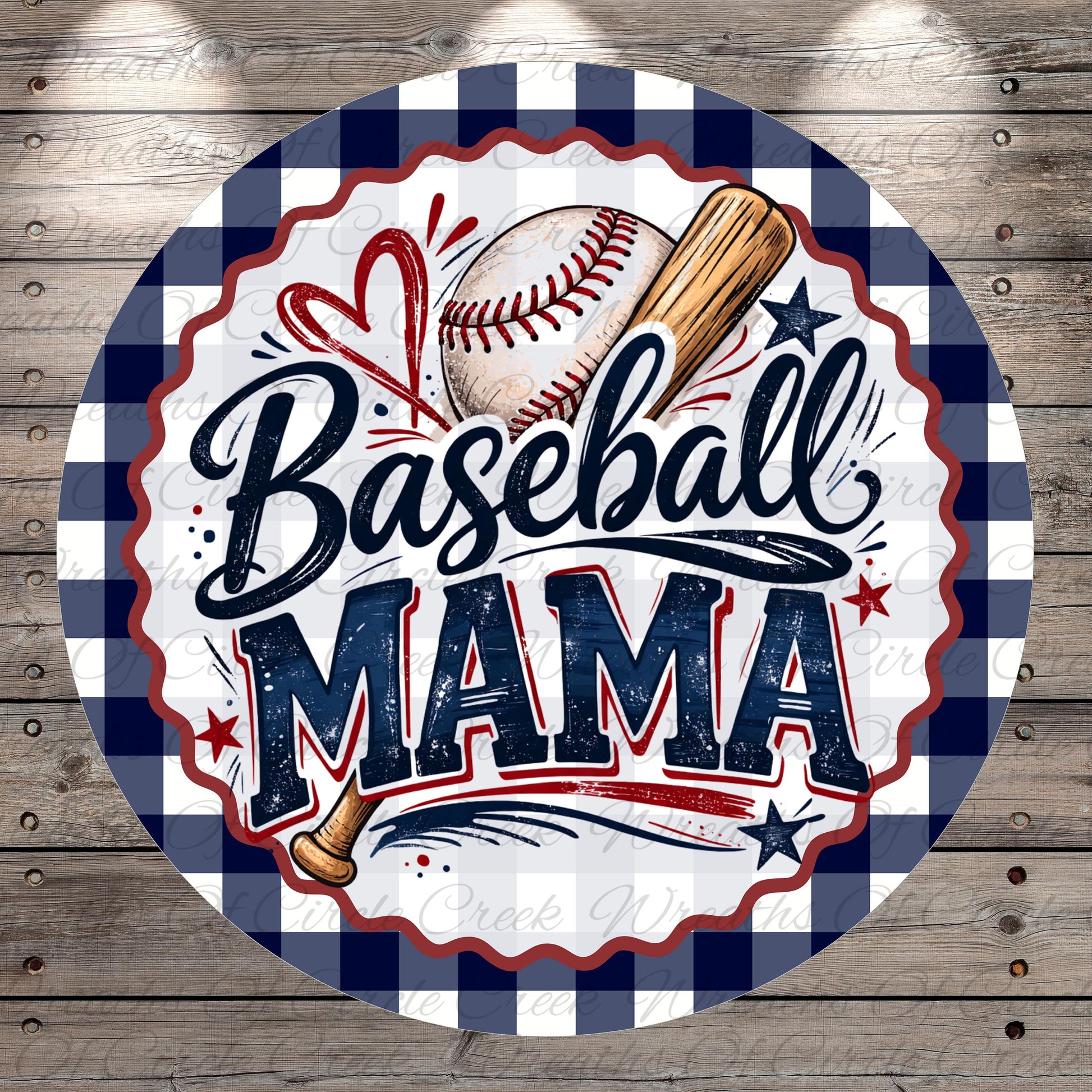 A round sign with the text "Baseball MAMA" and various baseball-related elements, such as a baseball, bat, and ball, all set against a blue and white checkered background.