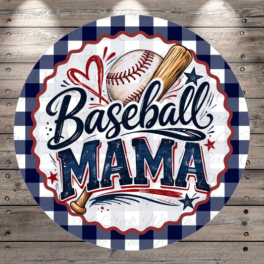A round sign with the text "Baseball MAMA" and various baseball-related elements, such as a baseball, bat, and ball, all set against a blue and white checkered background.