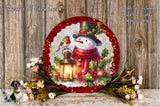 A snowman wearing a red scarf and hat, holding a lantern, is surrounded by a wreath of holly and berries, with a bird perched on a branch.