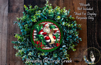 A wreath made of green leaves and a Santa Claus figure, with a sign that reads "Wreath Not Included * Used For Display Purposes Only".