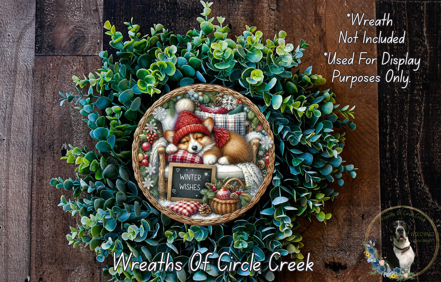 A wreath made of green leaves and flowers, featuring a dog wearing a red hat and a sign that says "Winter Wishes".
