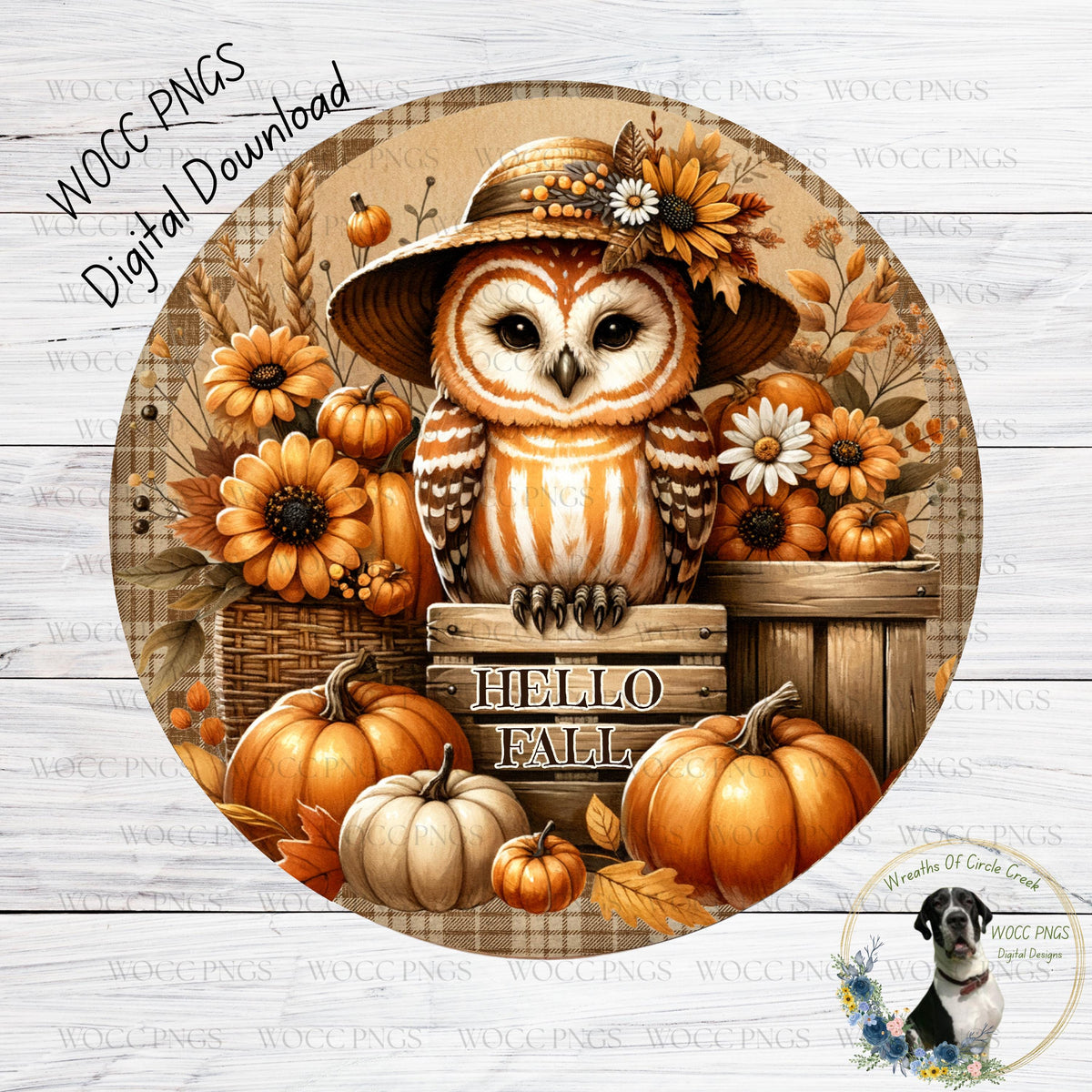 A digital illustration of an owl wearing a straw hat and surrounded by autumn-themed elements, including pumpkins, flowers, and a wooden crate with the text "Hello Fall".