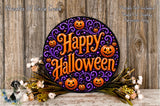 A Halloween-themed wreath with the text "Happy Halloween" displayed prominently. The wreath is surrounded by a variety of pumpkins and other fall foliage, creating a festive and seasonal atmosphere.