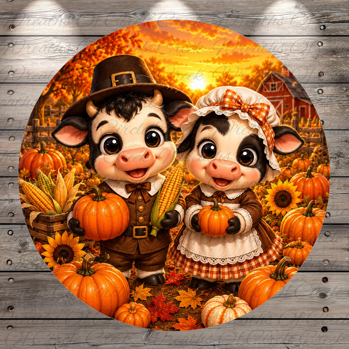 A cheerful illustration depicting two cartoon cows dressed in Thanksgiving attire, surrounded by pumpkins, corn, and a sunset backdrop.
