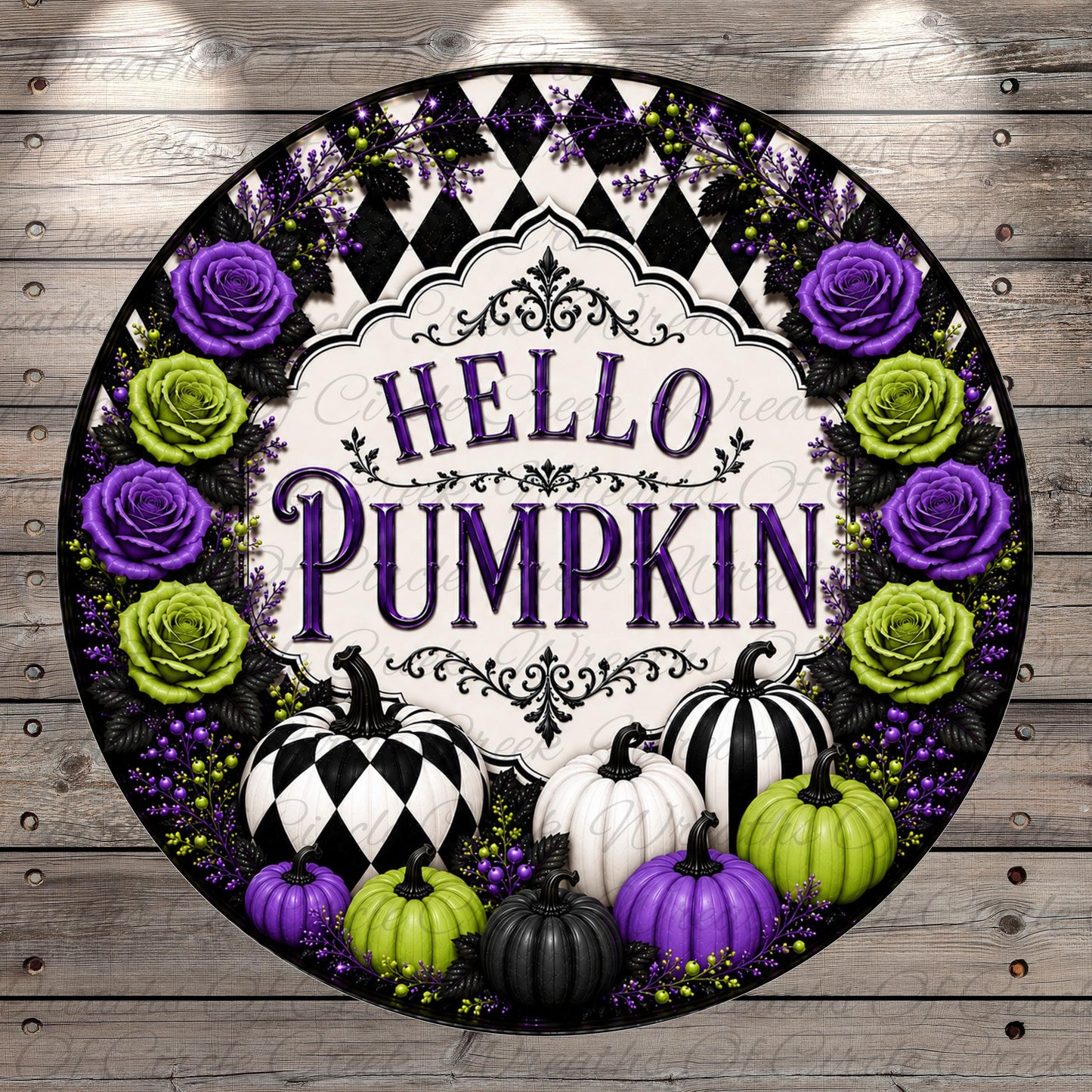 a decorative wreath with the text "Hello Pumpkin" surrounded by various fall-themed elements such as pumpkins, roses, and berries.
