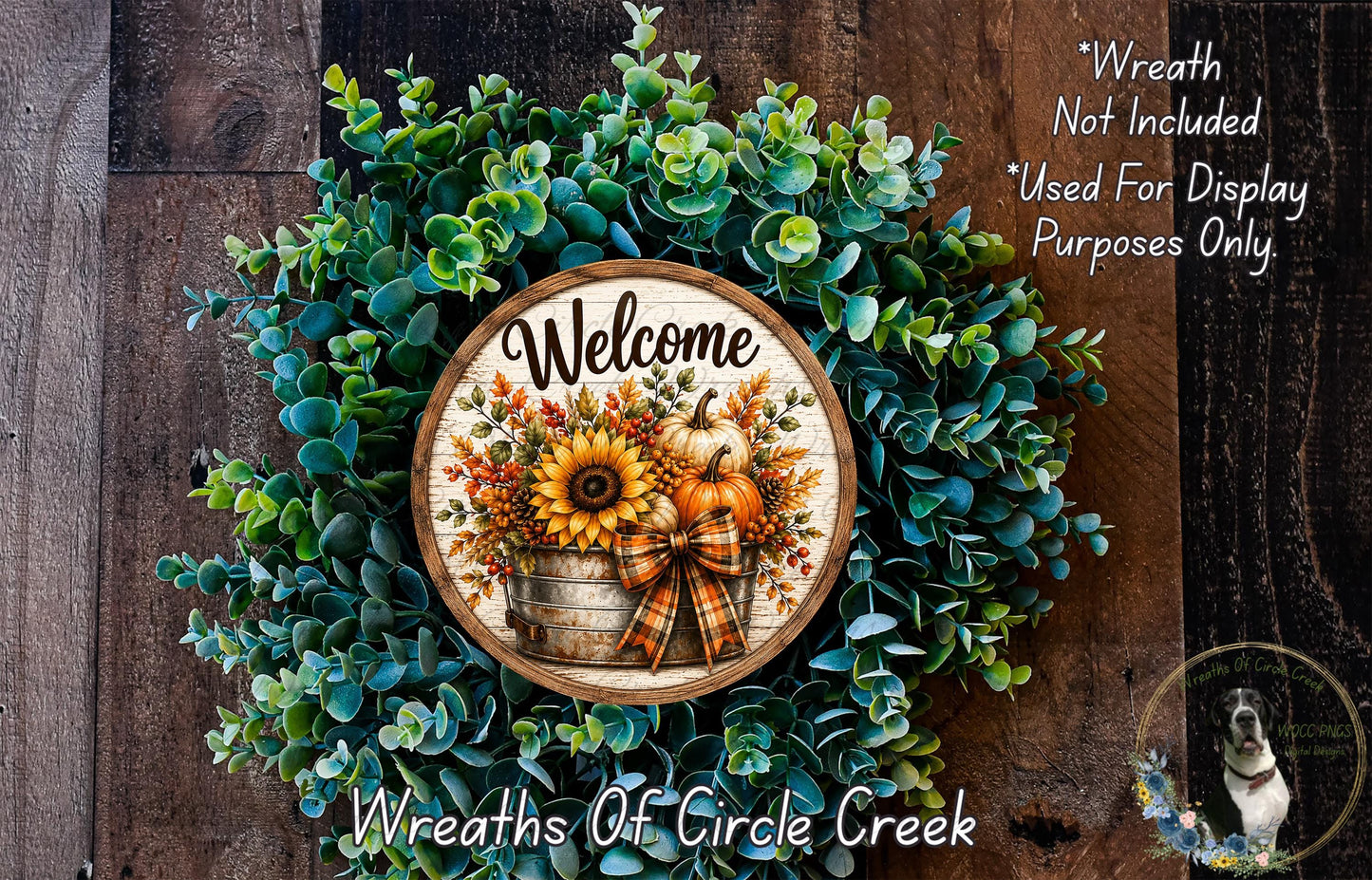 a wreath with a welcoming message, surrounded by a variety of greenery and autumnal elements such as sunflowers, pumpkins, and pine cones.