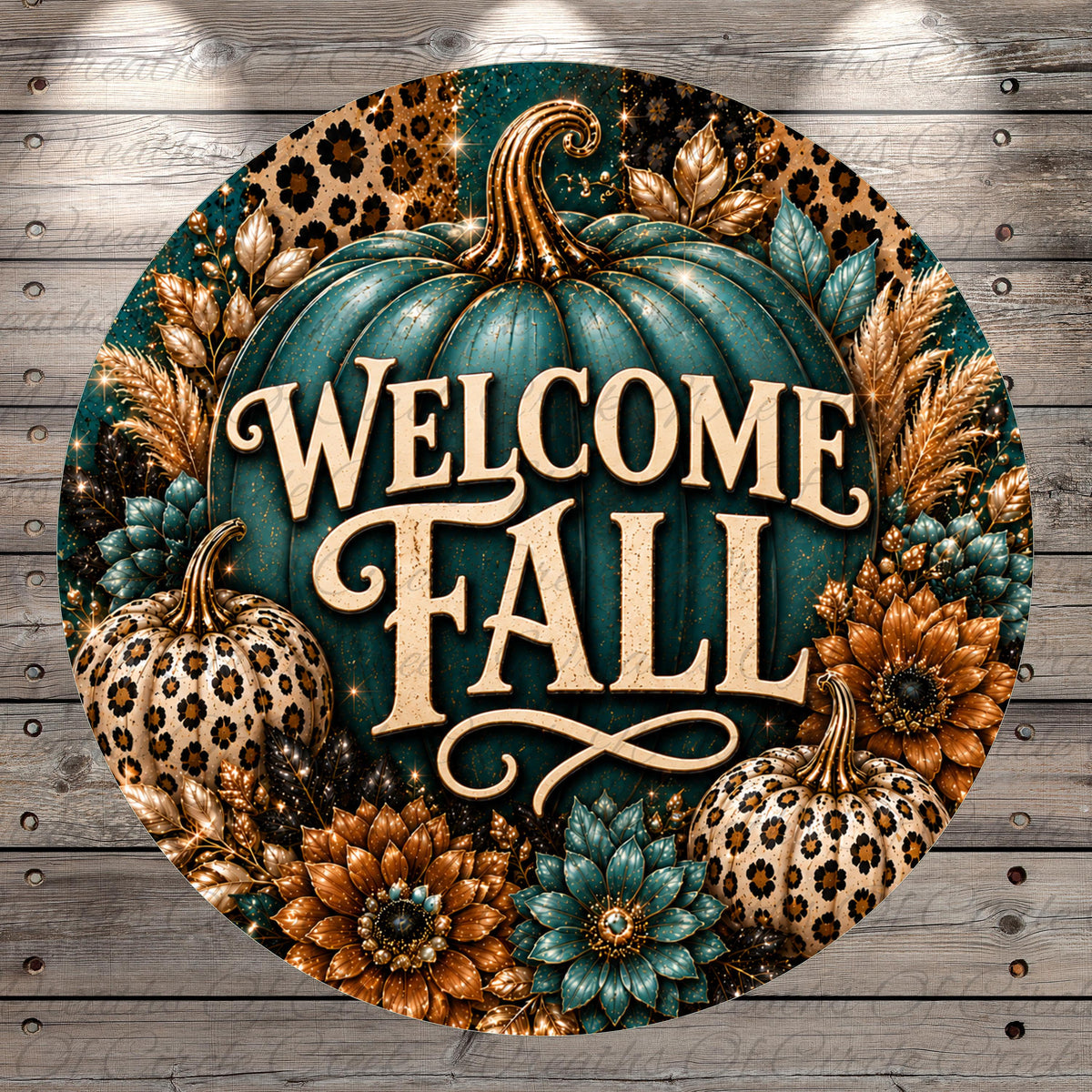 A round sign with a welcome message for fall, surrounded by autumn-themed elements such as pumpkins, flowers, and leopard print.