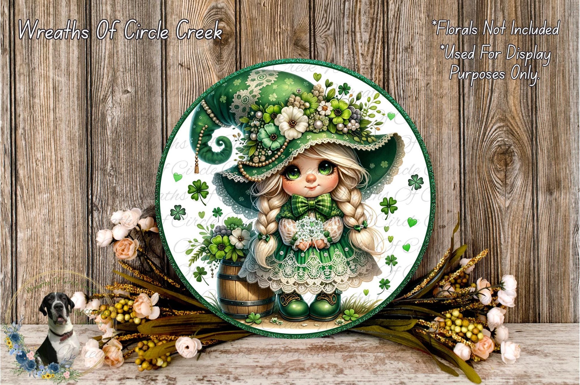 A decorative plate featuring a cartoon girl wearing a green hat and dress, surrounded by flowers and greenery, with a wooden background.