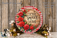 a decorative wreath with a wooden board and red roses, surrounded by a floral arrangement and a wooden wall.