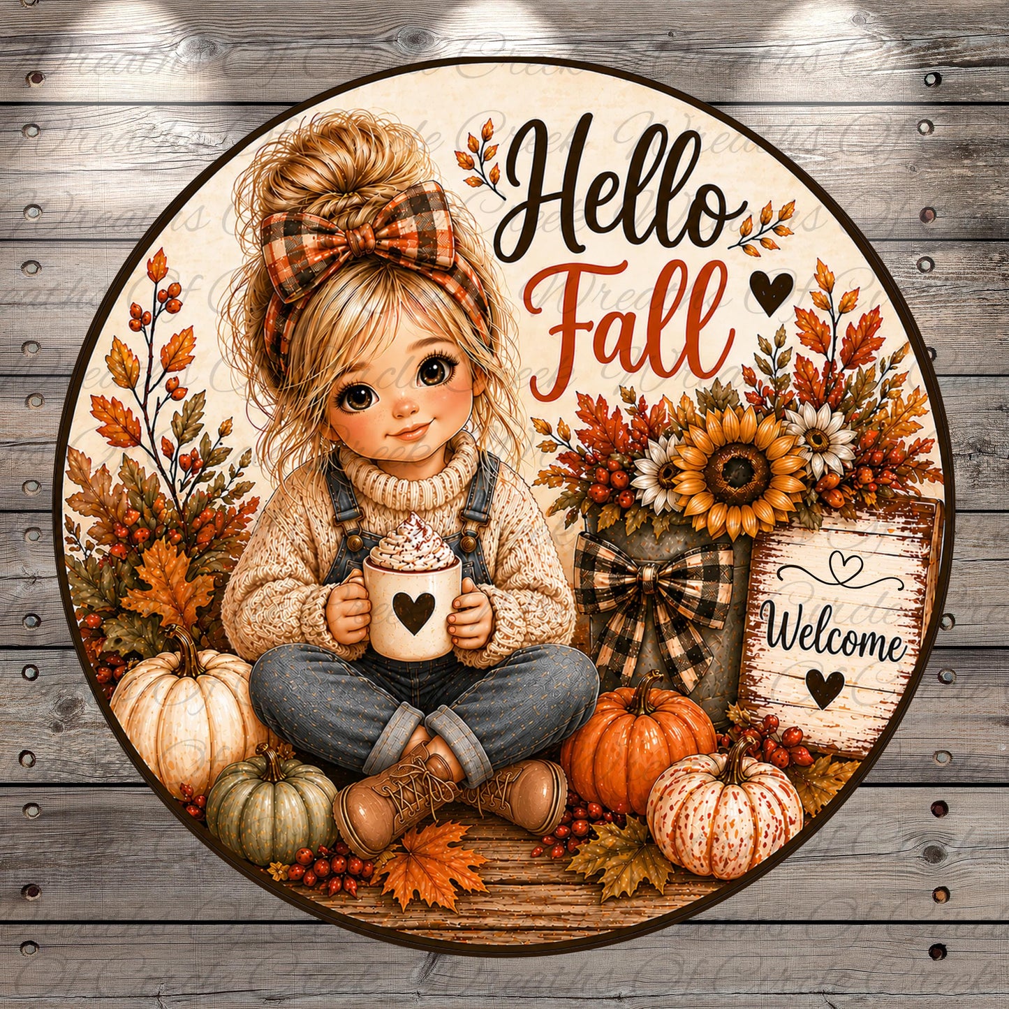 A young girl with a plaid bow in her hair is sitting on the ground surrounded by autumn decorations, including pumpkins, sunflowers, and a sign that says "Welcome".