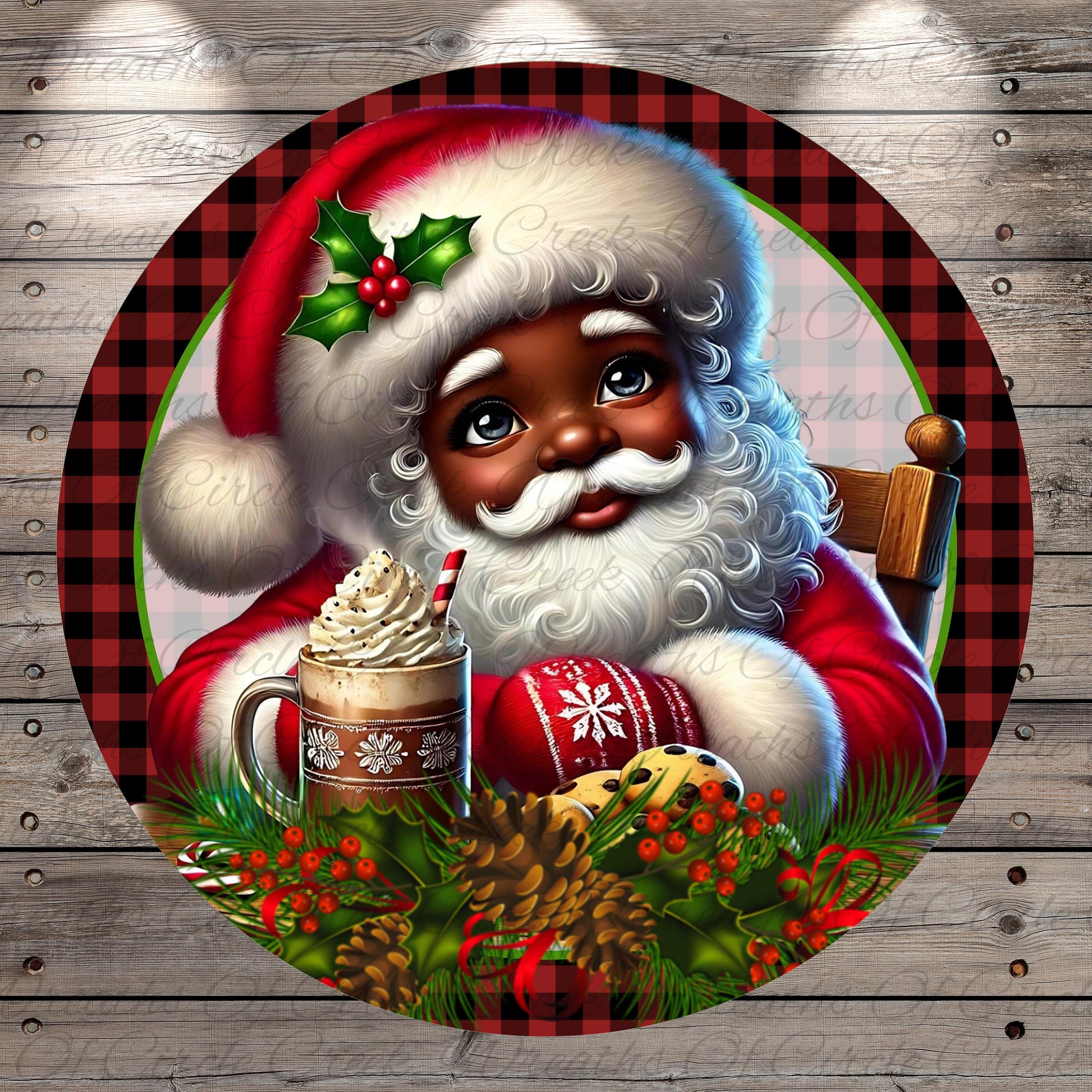 A digital illustration of Santa Claus wearing a red and white outfit, with a large mug of hot chocolate and a pine cone in his lap. Santa has a big smile and is surrounded by festive holiday decorations, including holly leaves and berries.