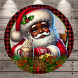 A digital illustration of Santa Claus wearing a red and white outfit, with a large mug of hot chocolate and a pine cone in his lap. Santa has a big smile and is surrounded by festive holiday decorations, including holly leaves and berries.
