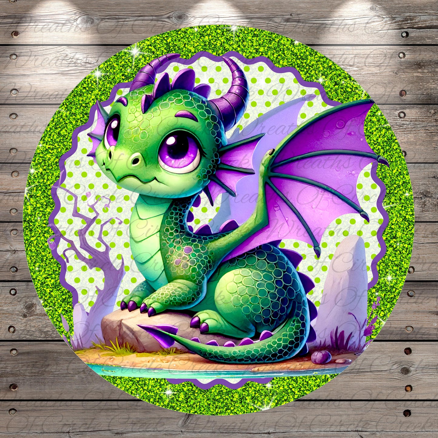 A colorful illustration of a green dragon with purple accents, sitting on a rock and surrounded by a green and purple polka dot background.