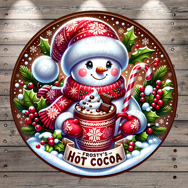 A festive winter scene featuring a smiling snowman holding a mug of hot cocoa, surrounded by snowflakes, berries, and a candy cane.
