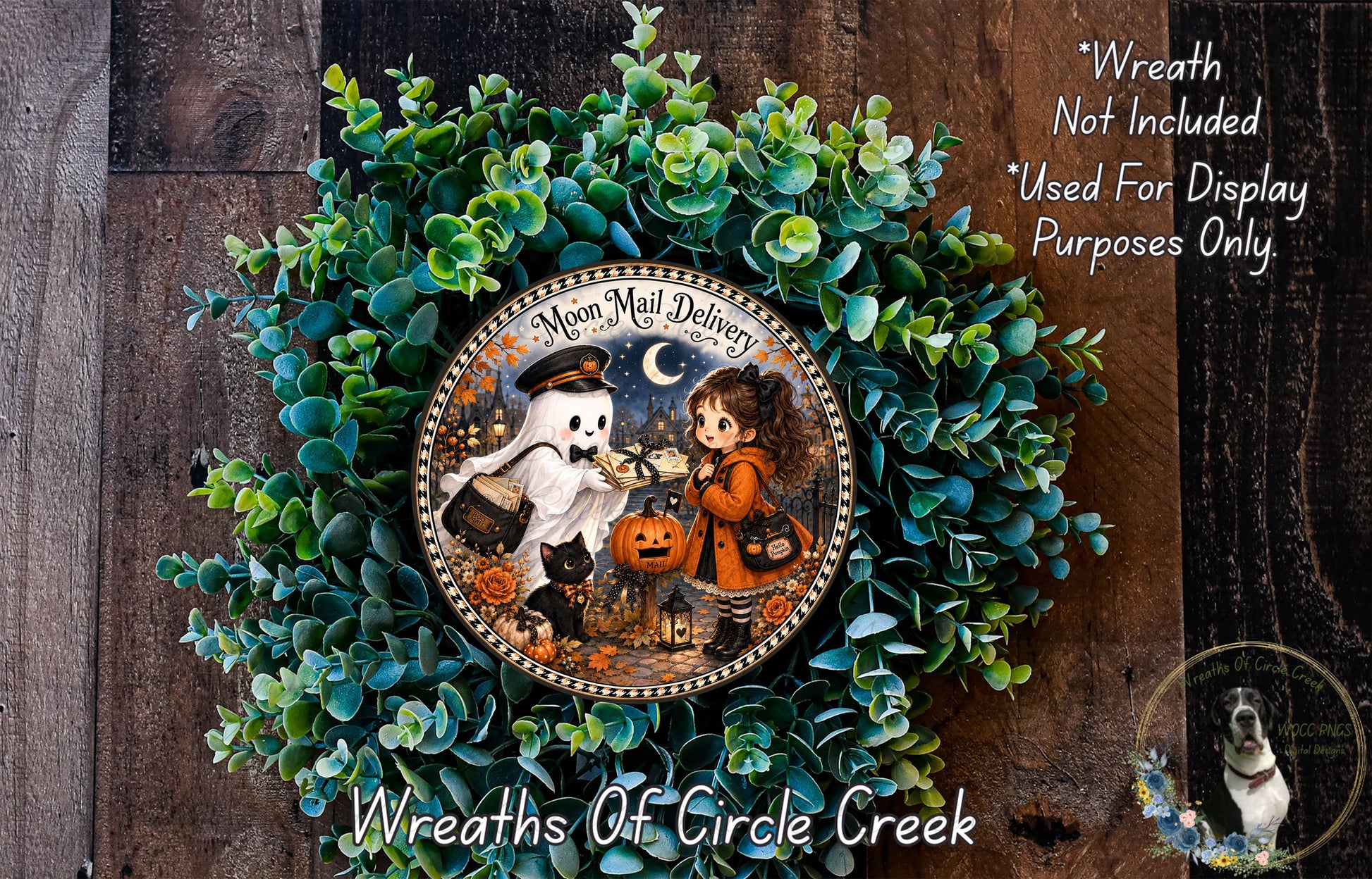 a Halloween-themed wreath with a ghost, a pumpkin, and a cat, surrounded by green foliage. The wreath is displayed on a wooden surface, and there is a text overlay that reads "Wreath Not Included * Used For Display Purposes Only" and "Wreaths of Circle Creek".