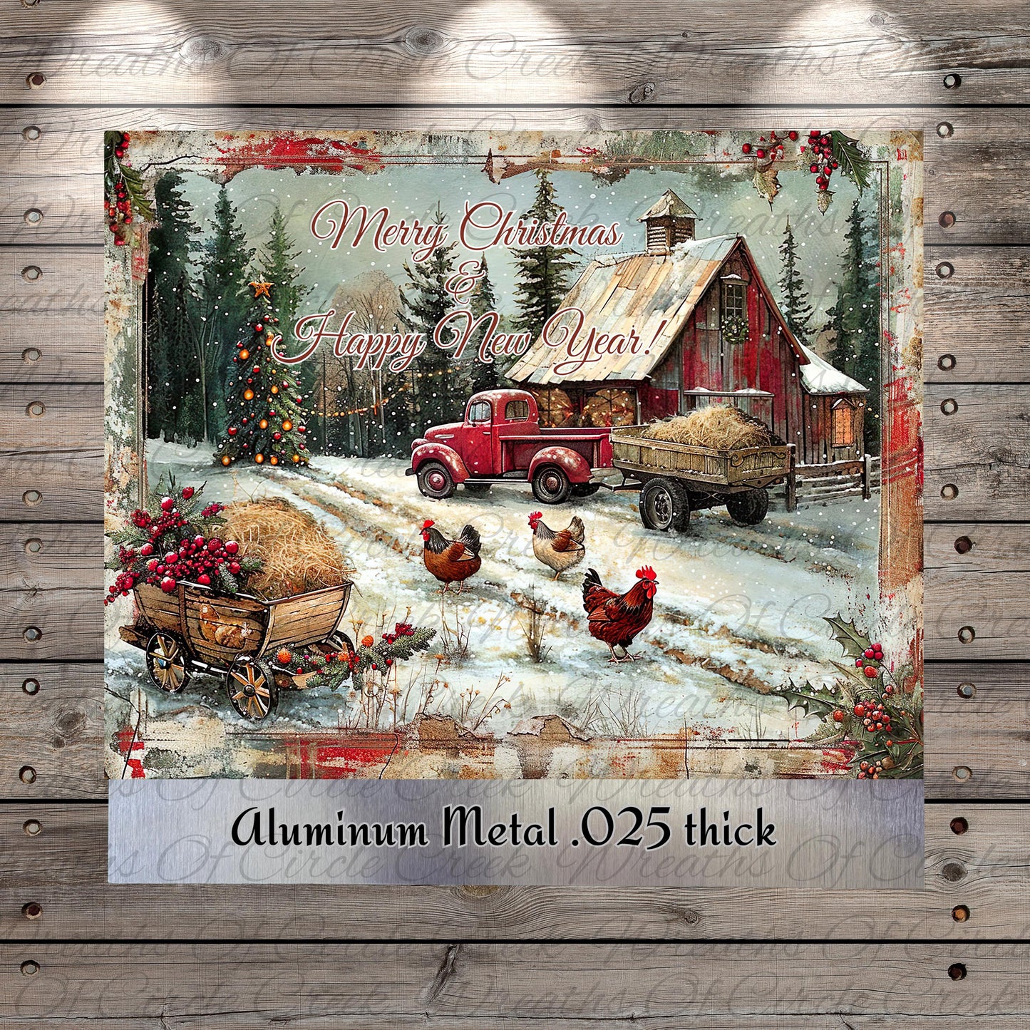 The image is a Christmas card featuring a snowy farm scene with a red truck, chickens, and a barn. The text on the card reads "Merry Christmas & Happy New Year!"