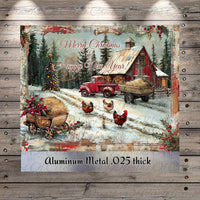 The image is a Christmas card featuring a snowy farm scene with a red truck, chickens, and a barn. The text on the card reads "Merry Christmas & Happy New Year!"