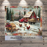 The image is a Christmas card featuring a snowy farm scene with a red truck, chickens, and a barn. The text on the card reads "Merry Christmas & Happy New Year!"