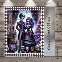 The image is a digital illustration featuring a skeleton couple dressed in Victorian-era clothing, surrounded by Halloween-themed elements such as pumpkins, skulls, and a Christmas tree.