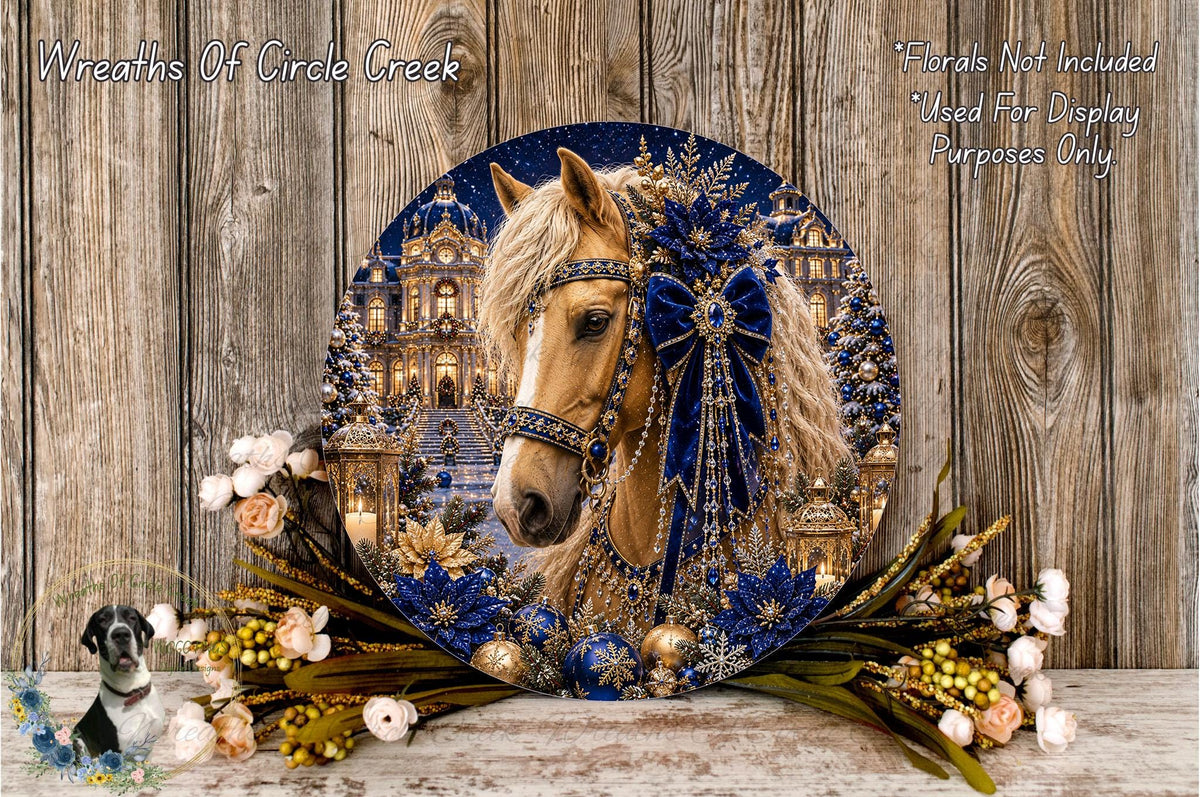 A decorative plate featuring a close-up of a horse's head surrounded by a wreath of flowers and a snowy landscape.