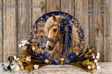 A decorative plate featuring a close-up of a horse's head surrounded by a wreath of flowers and a snowy landscape.