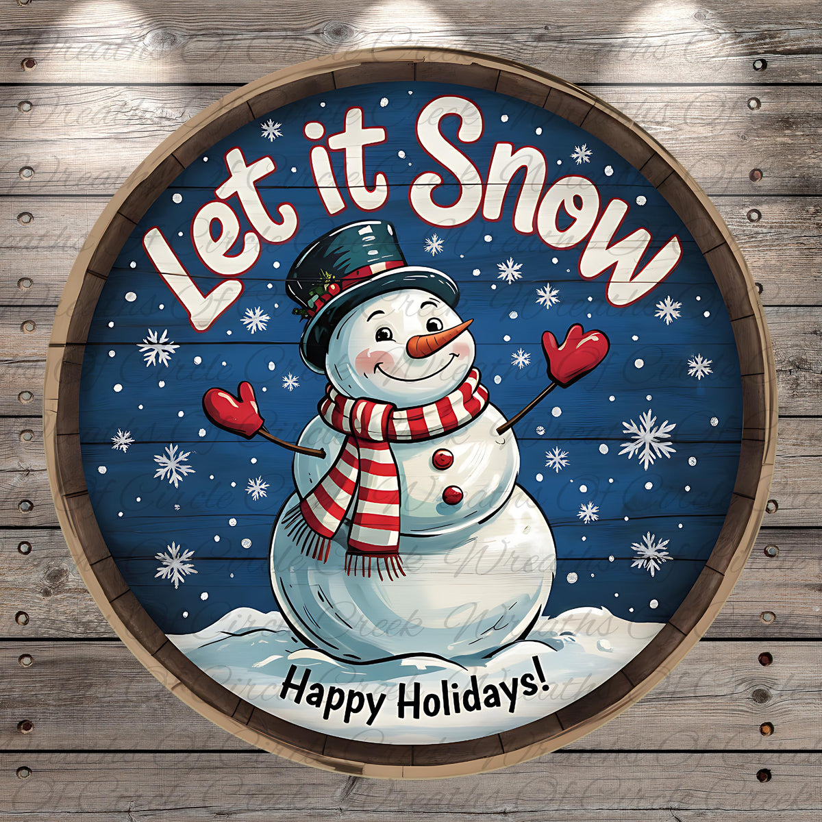 A snowman wearing a top hat and scarf, with the text "Let it Snow" and "Happy Holidays!" written around it, against a snowy background with falling snowflakes.