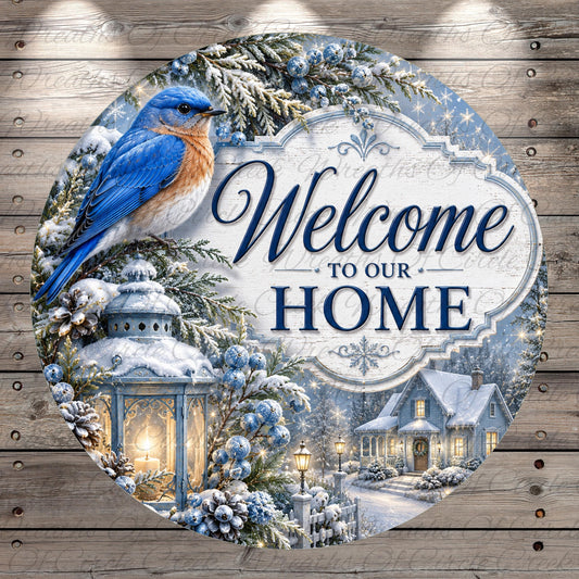 A blue bird perches on a snowy branch, with a lantern and a house visible in the background, creating a winter scene.