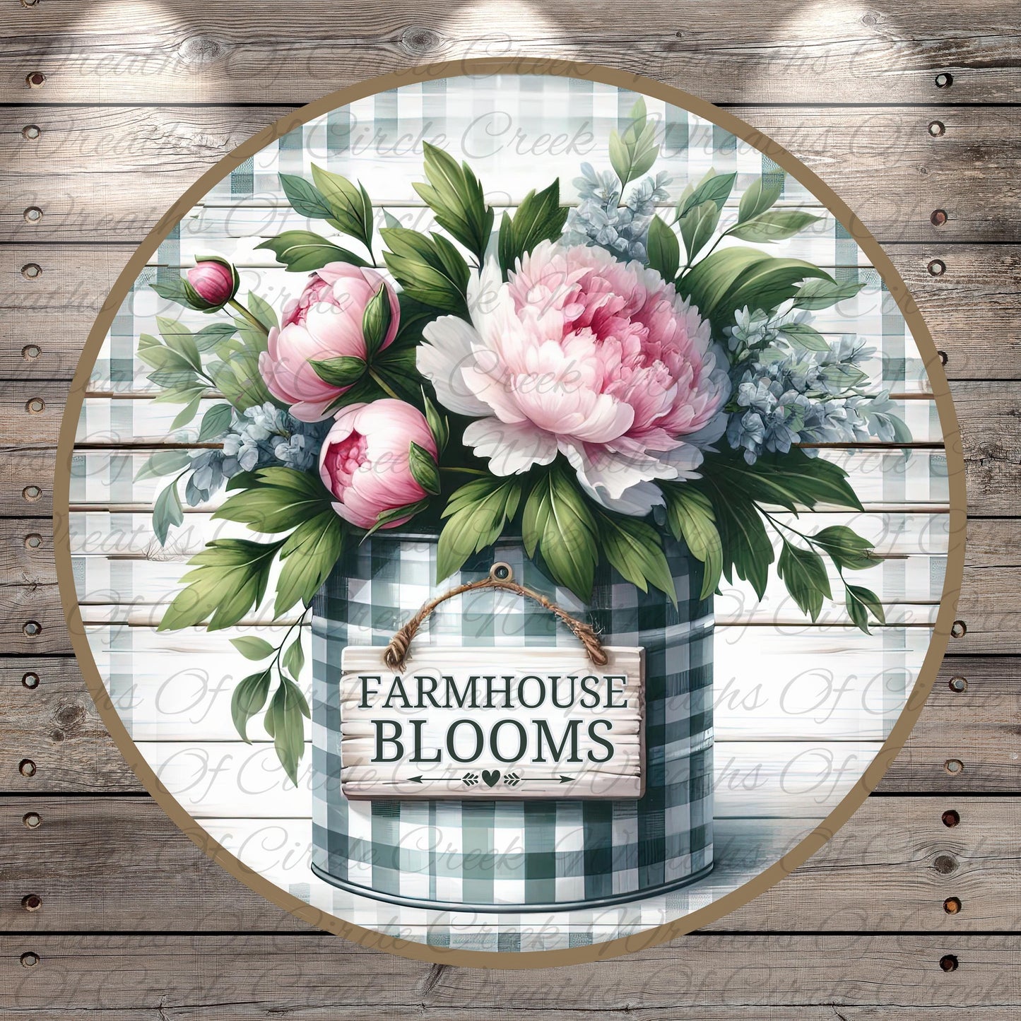 A round wooden sign with the text "FARMHOUSE BLOOMS" is displayed in front of a vase filled with pink peonies and green leaves.