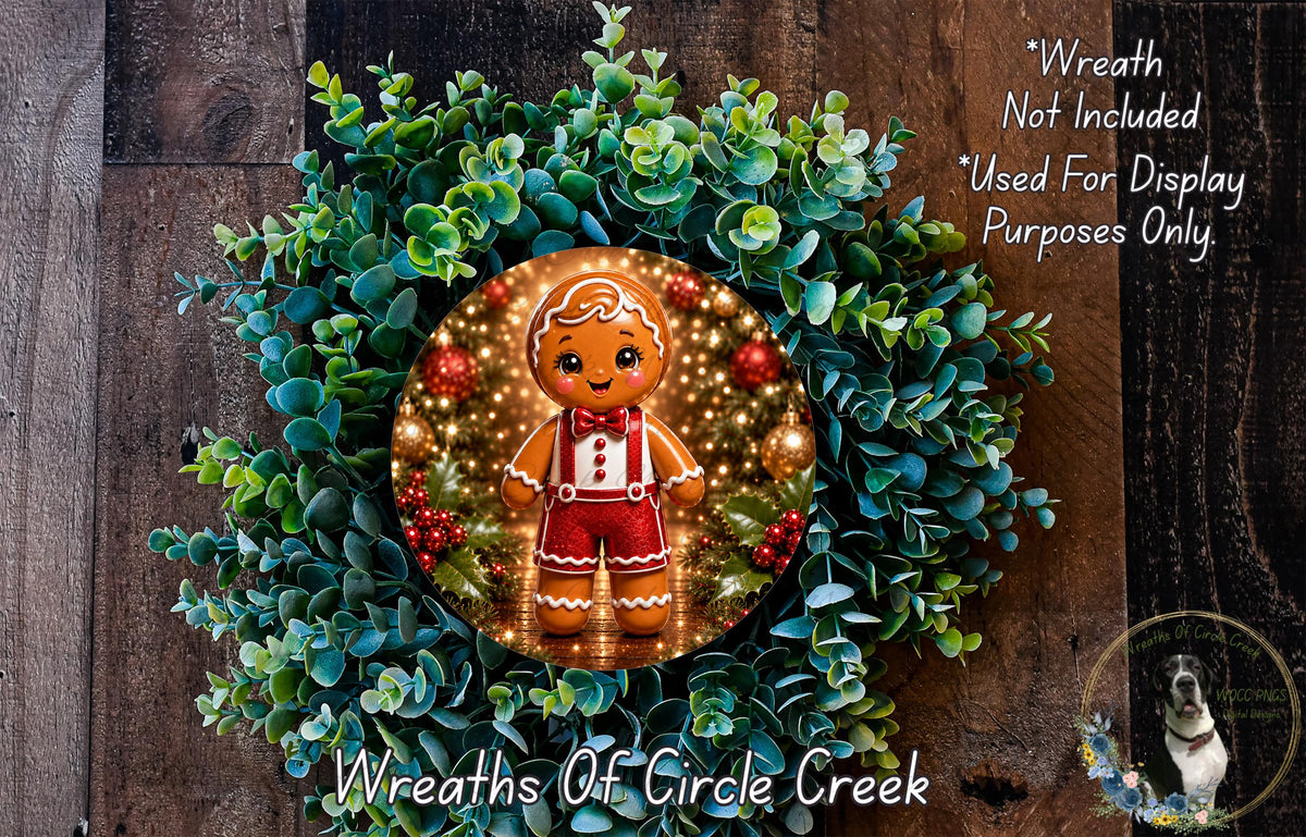 A wreath featuring a gingerbread man surrounded by greenery and red berries, with a caption stating that the wreath is not included in a display and is used for purposes only.