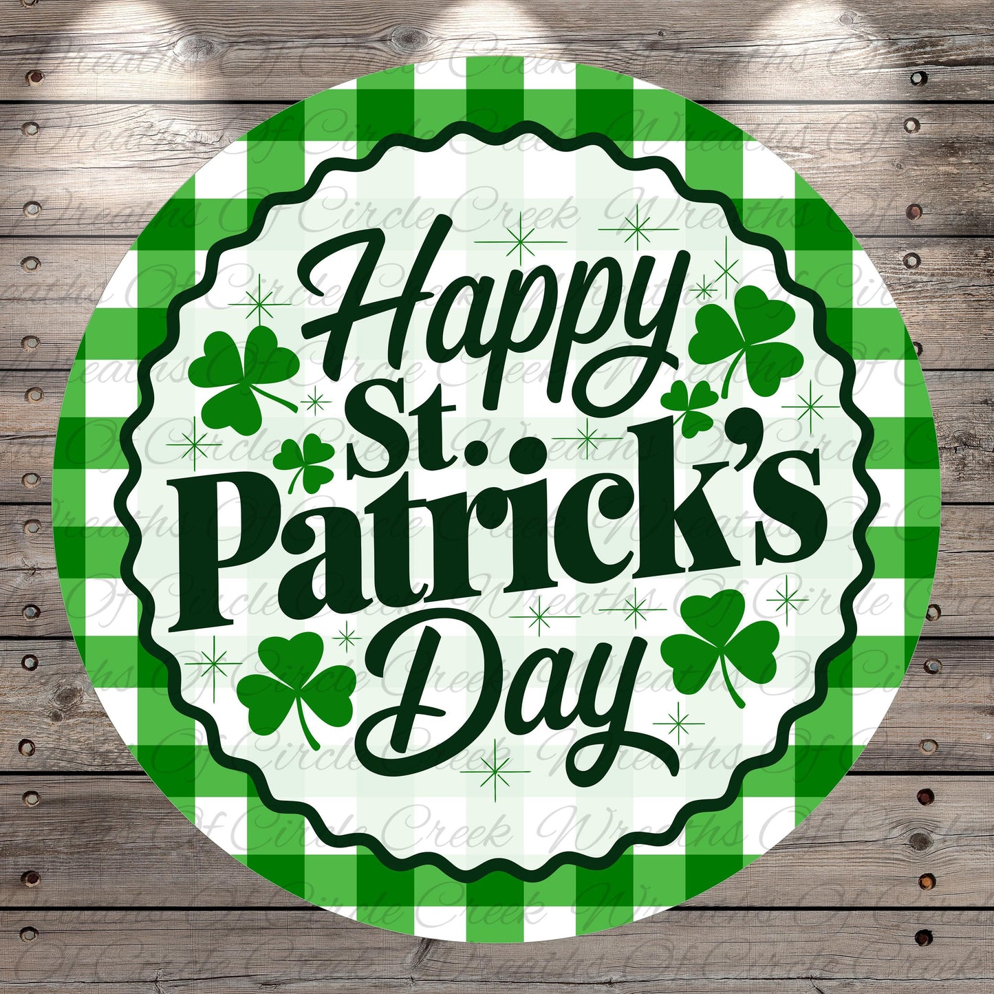 A circular sign with the text "Happy St. Patrick's Day" surrounded by green and white checkered patterns and shamrocks.