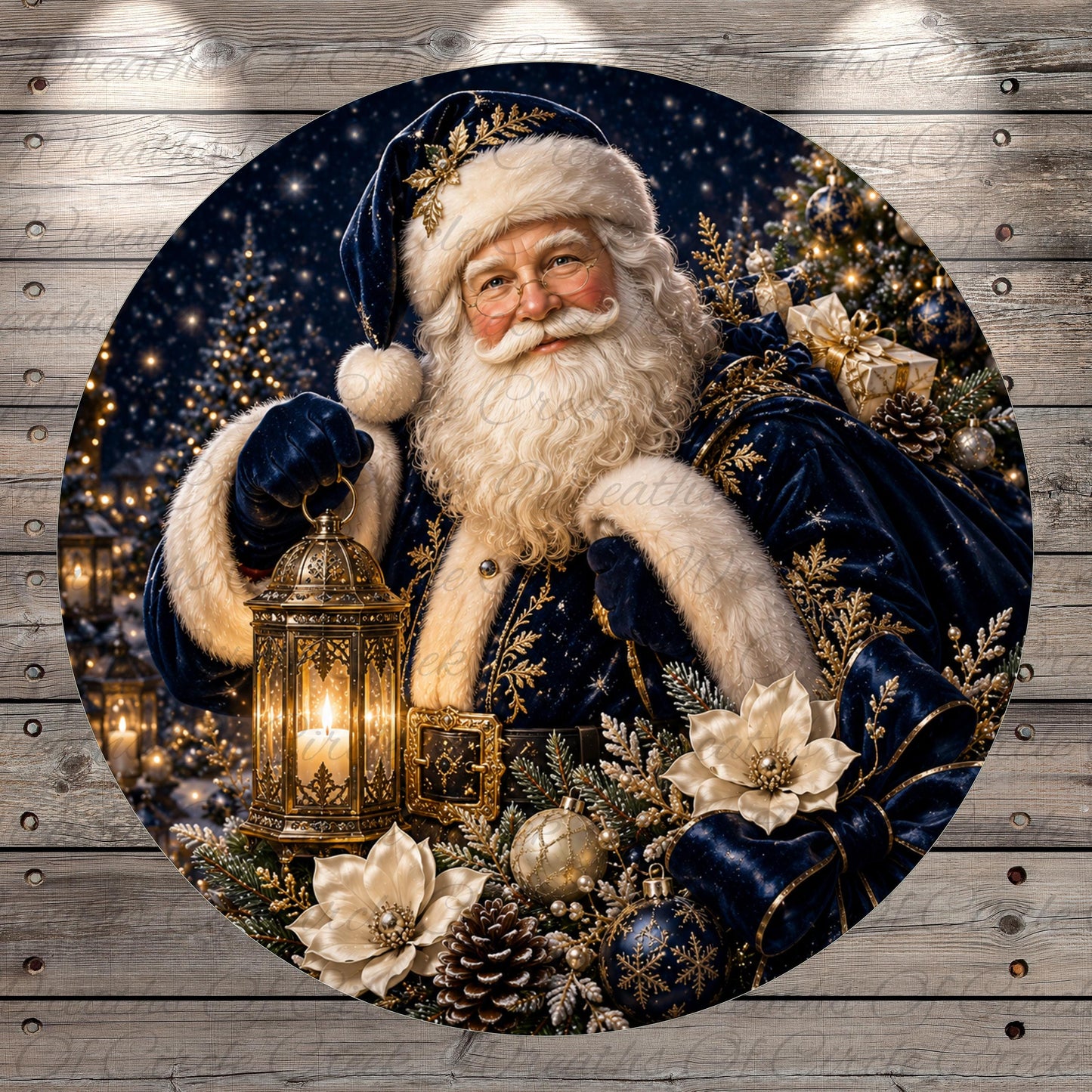 A festive Christmas scene featuring Santa Claus holding a lantern and surrounded by holiday decorations, including a decorated Christmas tree, flowers, and ornaments.