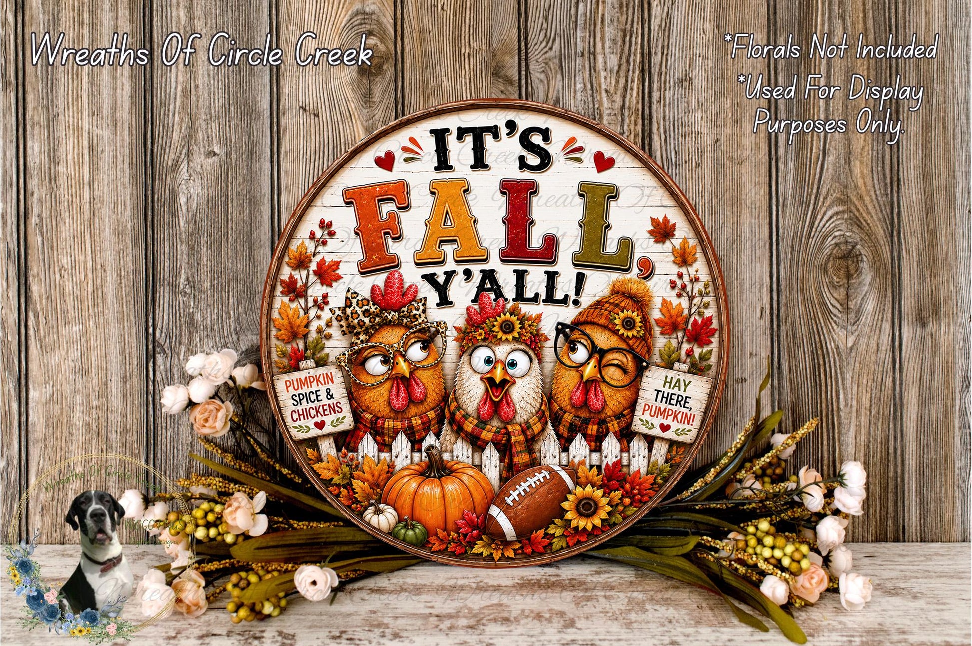 A decorative wreath with the text "It's Fall Y'all!" and three cartoon owls, surrounded by autumn-themed elements such as pumpkins, leaves, and flowers.