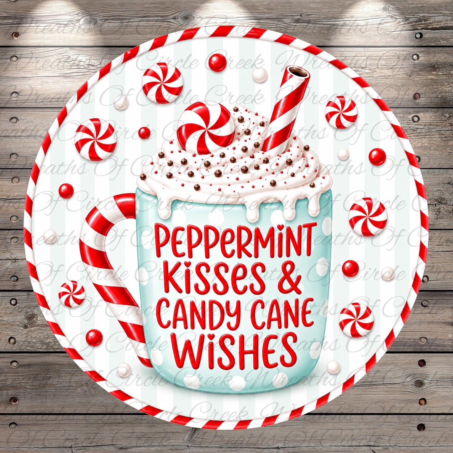 A decorative image featuring a mug with a peppermint flavor, surrounded by red and white striped candy canes and sprinkled with peppermint. The text on the mug reads "Peppermint Kisses & Candy Cane Wishes".