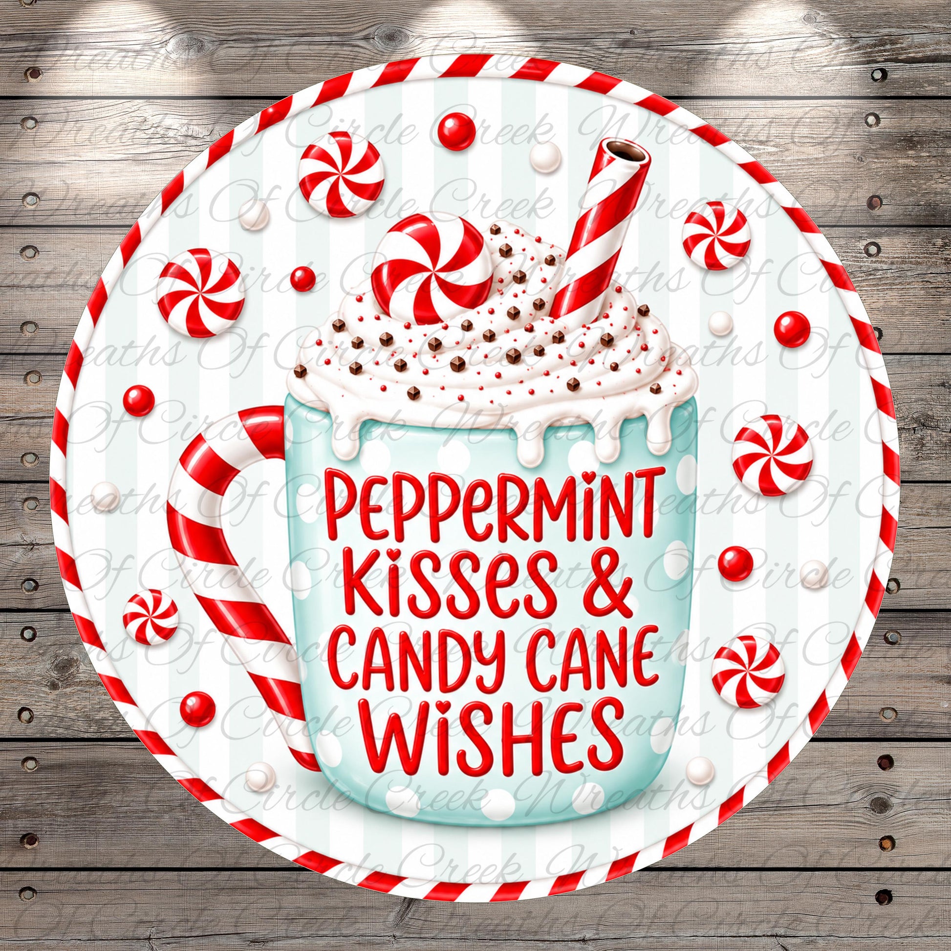 A decorative image featuring a mug with a peppermint flavor, surrounded by red and white striped candy canes and sprinkled with peppermint. The text on the mug reads "Peppermint Kisses & Candy Cane Wishes".