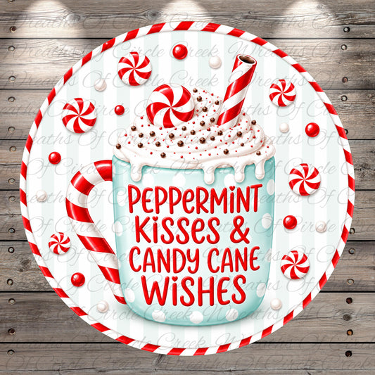 A decorative image featuring a mug with a peppermint flavor, surrounded by red and white striped candy canes and sprinkled with peppermint. The text on the mug reads "Peppermint Kisses & Candy Cane Wishes".