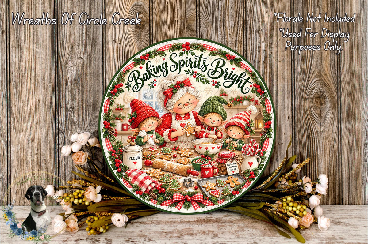 A decorative plate featuring a festive scene of a woman baking with children, surrounded by holiday decorations such as flowers and greenery.