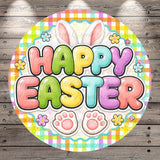 A colorful Easter-themed sign with the text "HAPPY EASTER" in a checkered pattern.