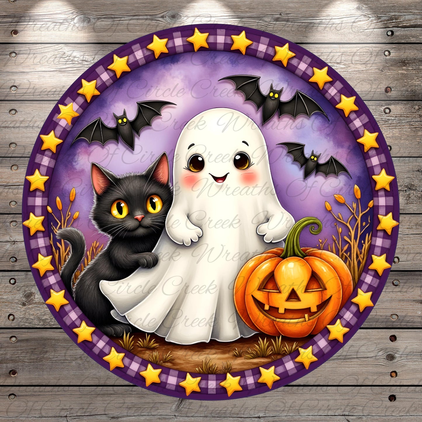 A Halloween-themed illustration featuring a black cat, a white ghost, and a carved pumpkin, all set against a purple and yellow background with stars and bats.