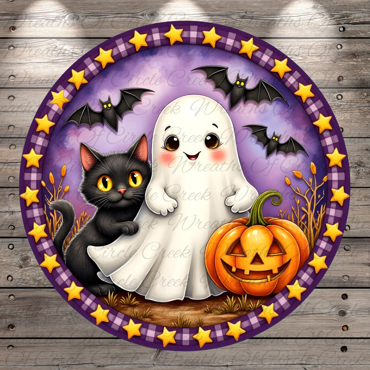A Halloween-themed illustration featuring a black cat, a white ghost, and a carved pumpkin, all set against a purple and yellow background with stars and bats.