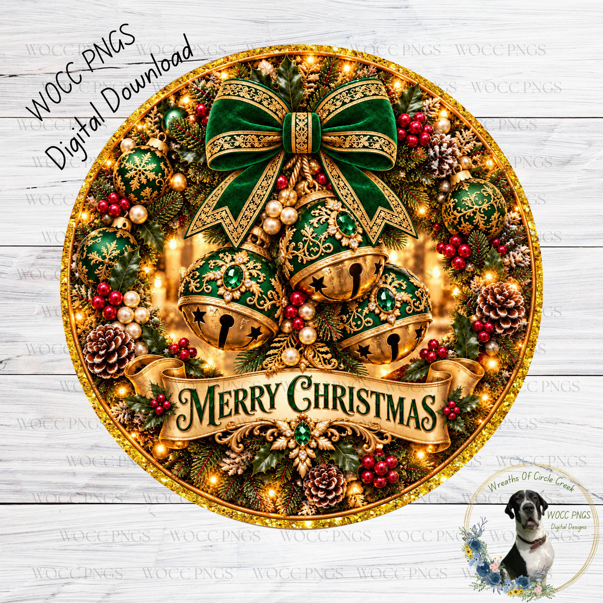 The image is a festive Christmas wreath adorned with various ornaments, including bells, pine cones, berries, and a ribbon with the text "Merry Christmas". The wreath is set against a white wooden background, and there is a small dog in the bottom right corner of the image.