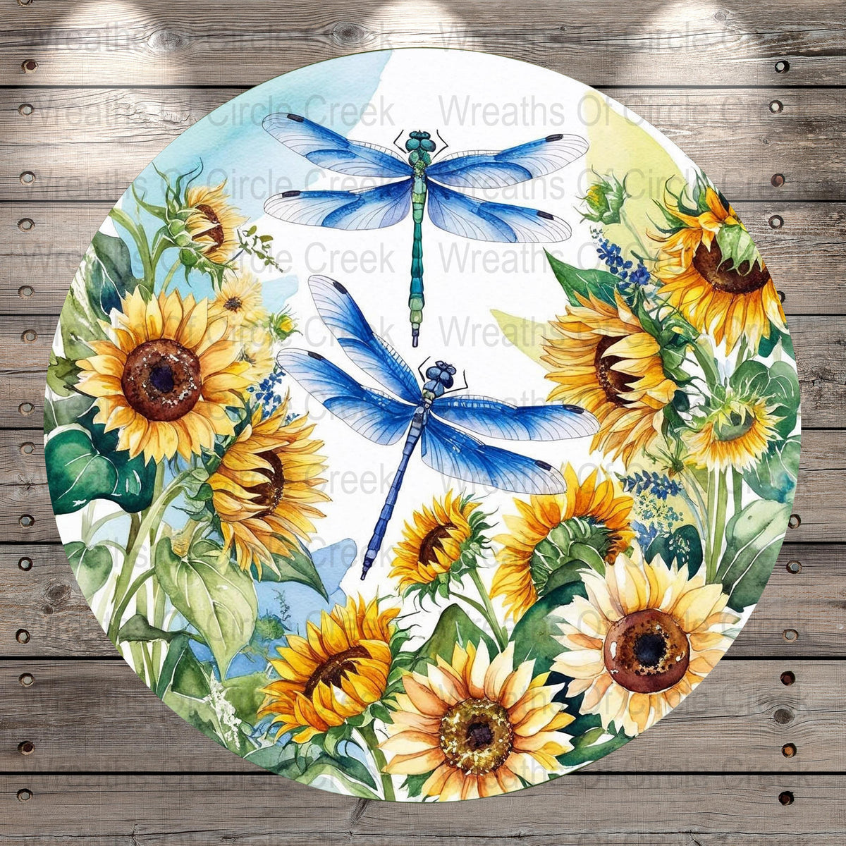 Round Sunflower and Dragonfly Wreath, Summer Floral Wall Decor, Vibrant Garden Theme Home Decoration