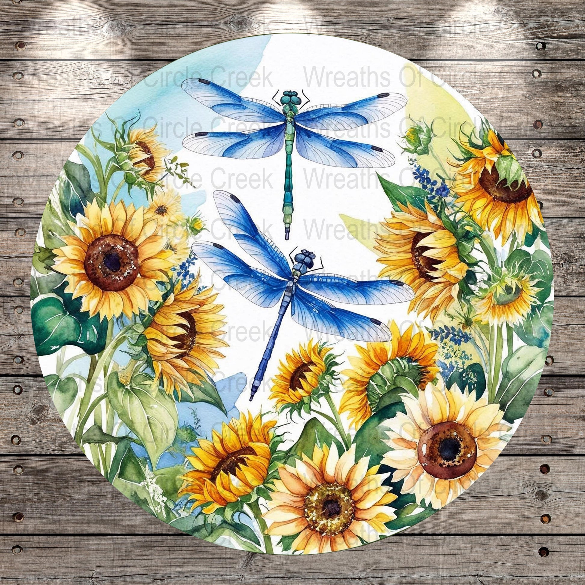 Round Sunflower and Dragonfly Wreath, Summer Floral Wall Decor, Vibrant Garden Theme Home Decoration
