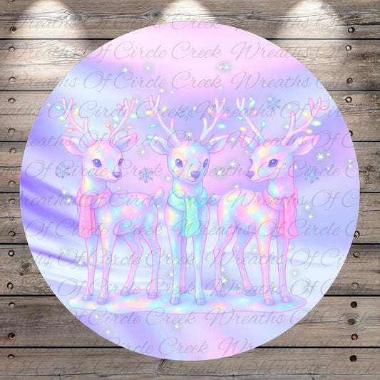 A circular image featuring three deer with antlers, set against a background of a purple and pink color scheme with stars.