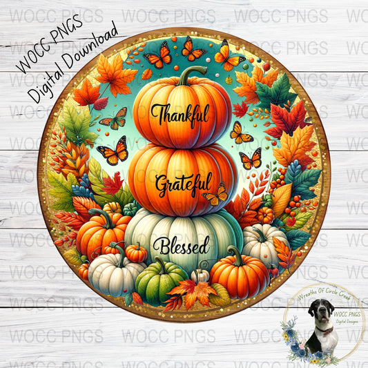 Thankful Grateful Blessed Pumpkin Fall Decor Digital Download, Autumn Leaves and Butterflies Illustration