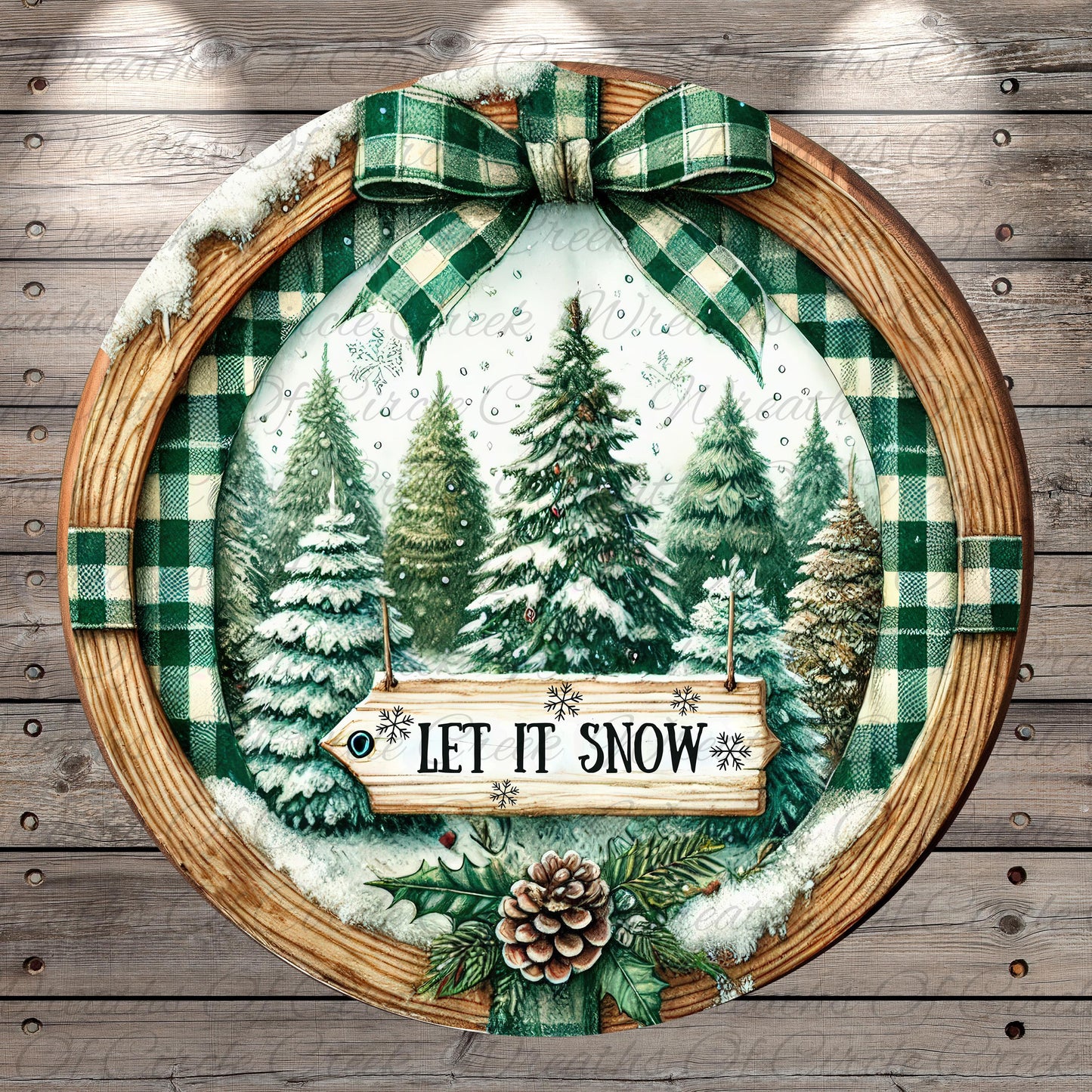 A circular wreath with a snowy forest scene and a sign that says "Let it snow" in the center.