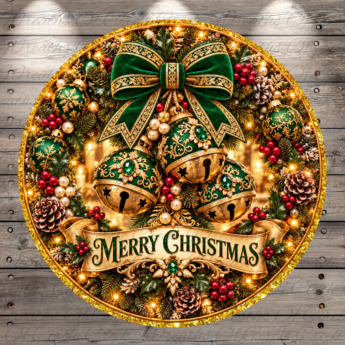 A festive Christmas wreath adorned with various ornaments, including bells, pine cones, and berries, surrounded by a decorative border. The wreath is set against a wooden background, creating a warm and holiday atmosphere. The phrase "Merry Christmas" is prominently displayed on the wreath, conveying the spirit of the season.