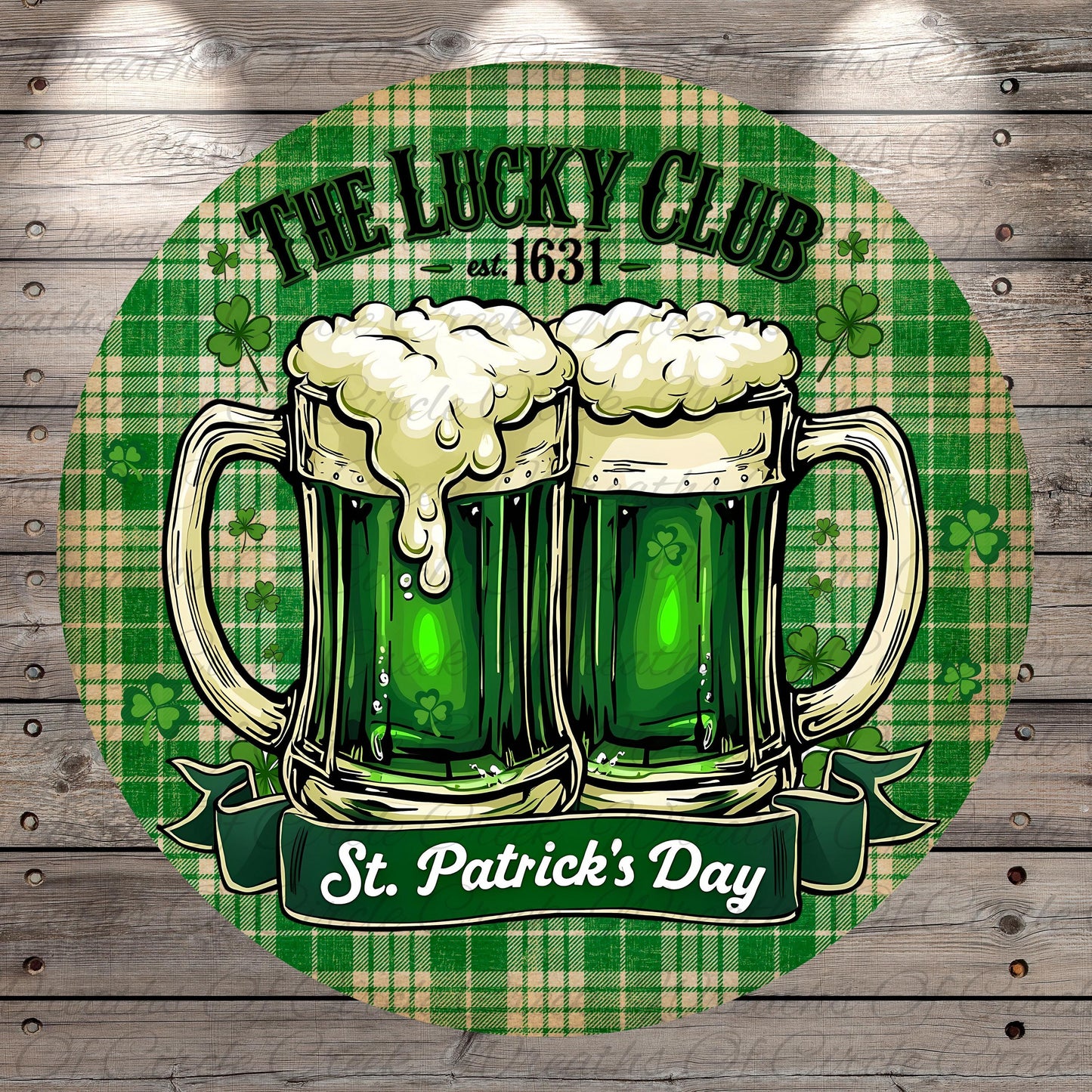 two green beer mugs with frothy white tops, surrounded by shamrocks and a banner that reads "St. Patrick's Day".
