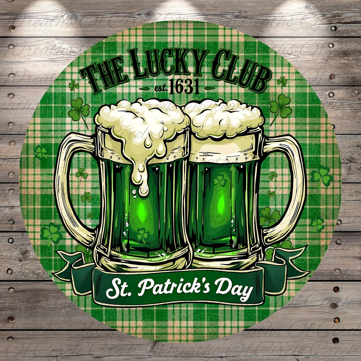 two green beer mugs with frothy white tops, surrounded by shamrocks and a banner that reads "St. Patrick's Day".