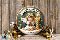 A round, decorative wreath with a smiling angel figure and a lit candle, surrounded by flowers and greenery, with the text "Happy Birthday Jesus" displayed on it.