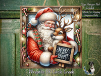 Santa Claus holding a sign that says "Merry and Bright" and a reindeer, surrounded by Christmas decorations such as snowflakes, candy canes, and a dog.